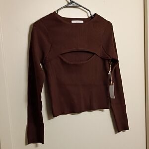 Lucca Women's Brown Ribbed Long-Sleeve Cutout Top